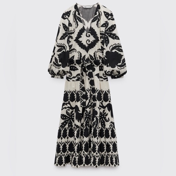 Zara Dresses & Skirts - Zara Printed Maxi Dress Long Balloon Sleeves Black Cream Trending SZ XS EUC